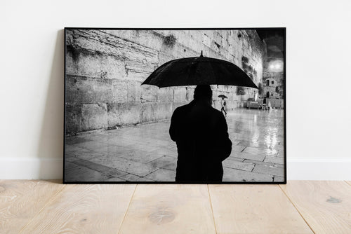 Black and White Kotel Western Wall Wet in the Rain - Jewish Orthodox & Umbrella