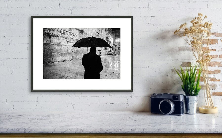 Black and White Kotel Western Wall Wet in the Rain - Jewish Orthodox & Umbrella