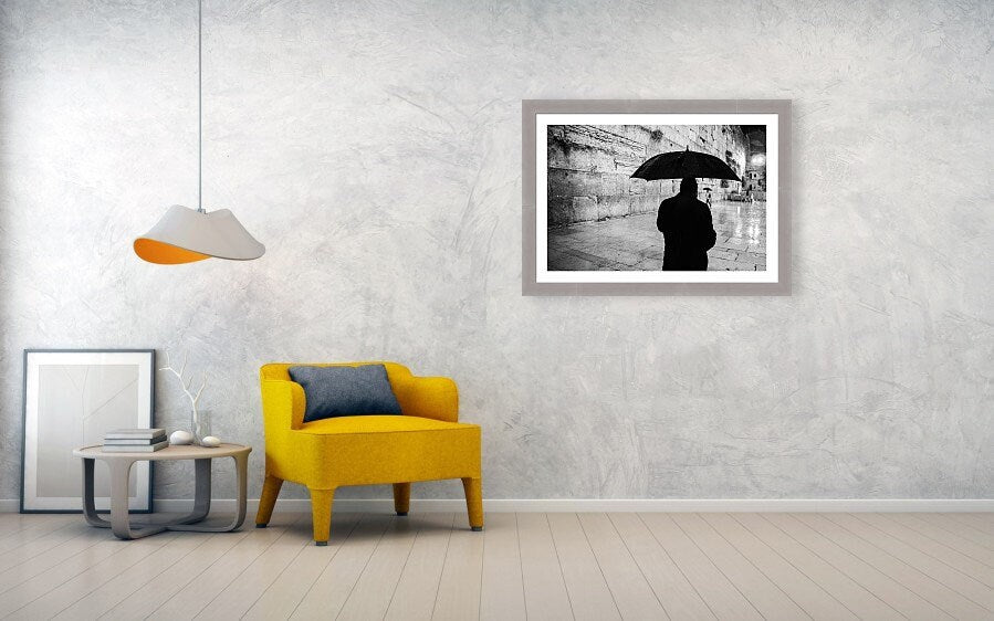 Black and White Kotel Western Wall Wet in the Rain - Jewish Orthodox & Umbrella