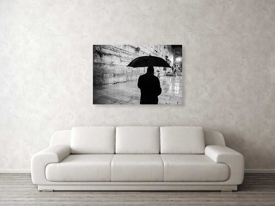 Black and White Kotel Western Wall Wet in the Rain - Jewish Orthodox & Umbrella
