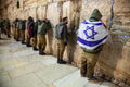 IDF Tsahal Soldiers Praying at the Kotel Western Wall with Israeli Blue & White Flag