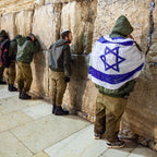 IDF Tsahal Soldiers Praying at the Kotel Western Wall with Israeli Blue & White Flag