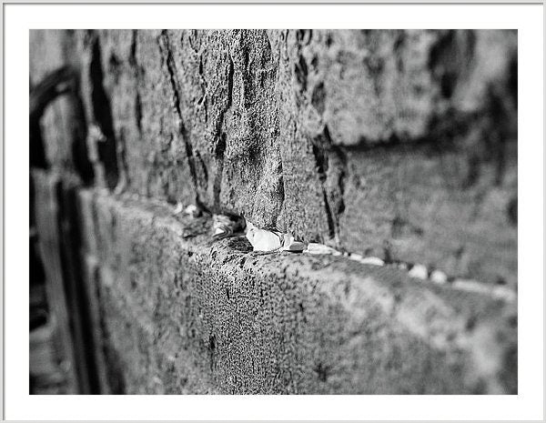 Black and White Jewish Kotel Wall Fine Art Print - Western Wall with Prayer Hand & Paper Notes between Stones - A Wailing Wall Kosel Canvas