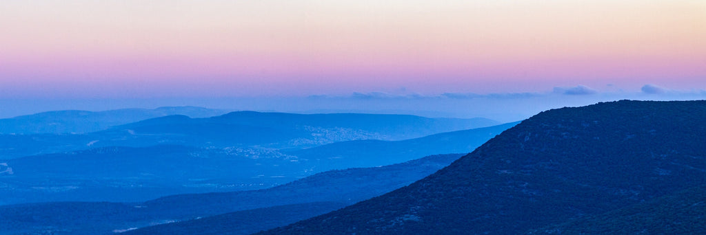 Panoramic Holy Land Blue Mountains and Pink Sky Landscape Photography — Israeli Galilee Mountains