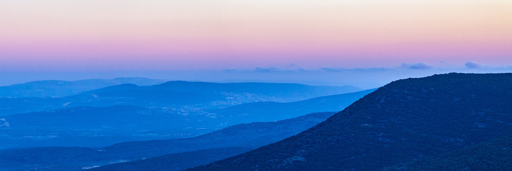 Panoramic Holy Land Blue Mountains and Pink Sky Landscape Photography — Israeli Galilee Mountains