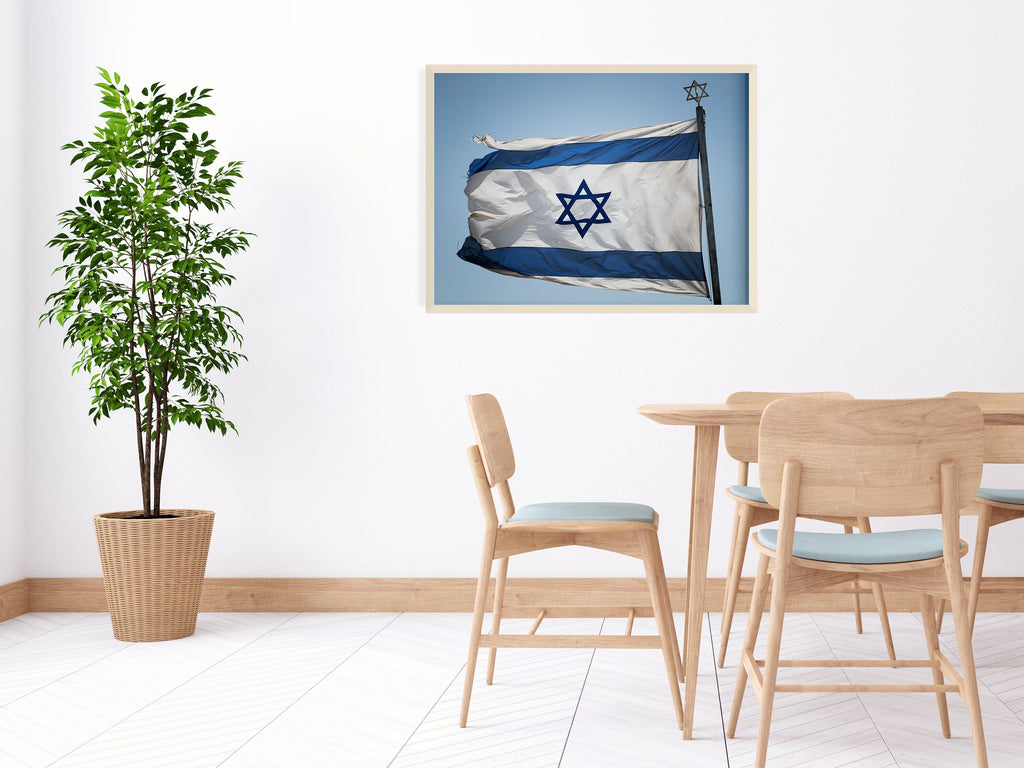 Blue & White Israeli Flag Photography — Jewish Jerusalem — Israeli Flag flapping in Wind With Iron David Star On The Top