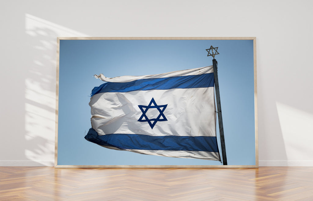 Blue & White Israeli Flag Photography — Jewish Jerusalem — Israeli Flag flapping in Wind With Iron David Star On The Top