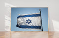 Blue & White Israeli Flag Photography — Jewish Jerusalem — Israeli Flag flapping in Wind With Iron David Star On The Top