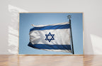 Blue & White Israeli Flag Photography — Jewish Jerusalem — Israeli Flag flapping in Wind With Iron David Star On The Top