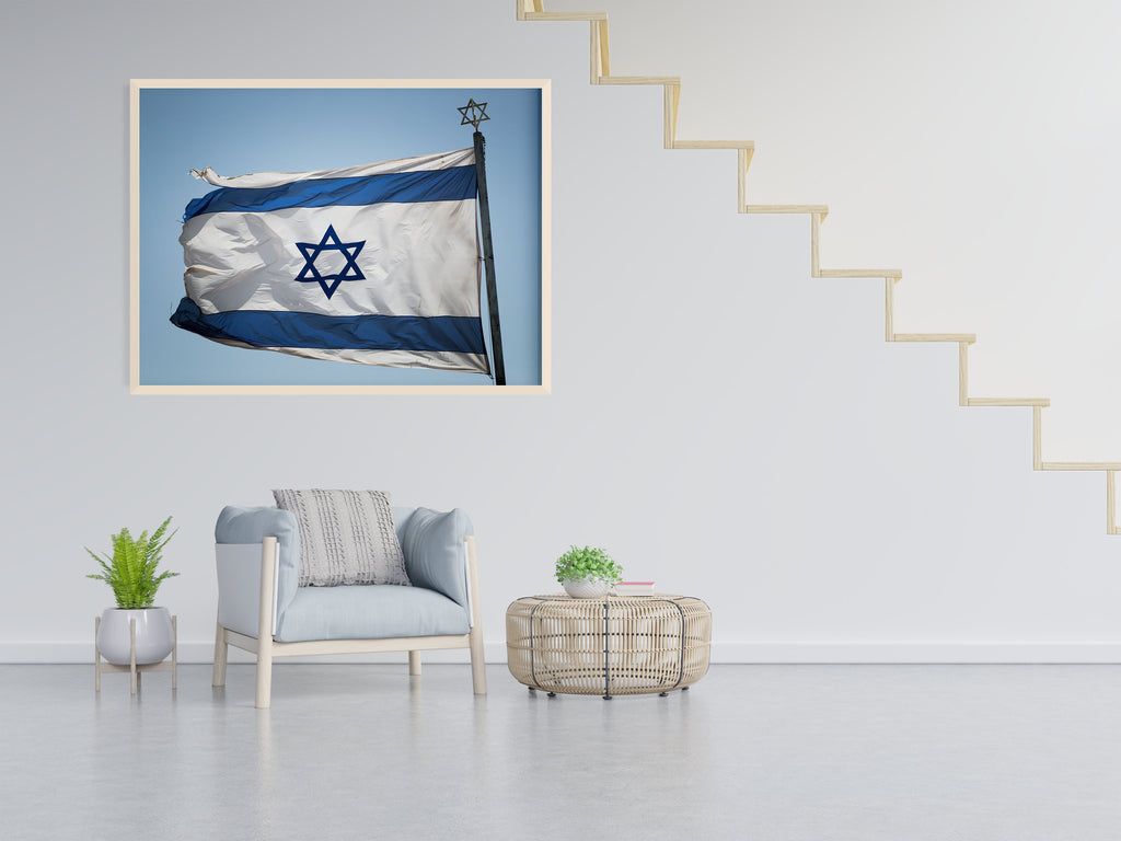 Blue & White Israeli Flag Photography — Jewish Jerusalem — Israeli Flag flapping in Wind With Iron David Star On The Top