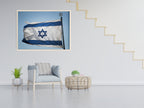 Blue & White Israeli Flag Photography — Jewish Jerusalem — Israeli Flag flapping in Wind With Iron David Star On The Top