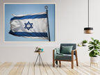 Blue & White Israeli Flag Photography — Jewish Jerusalem — Israeli Flag flapping in Wind With Iron David Star On The Top