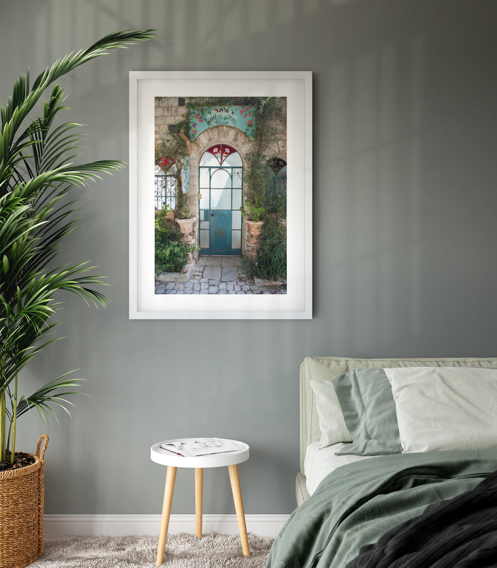 Israeli Holy Land Glazed Turquoise Vintage Door with Ivy and Windows — Rosh Pina Old City