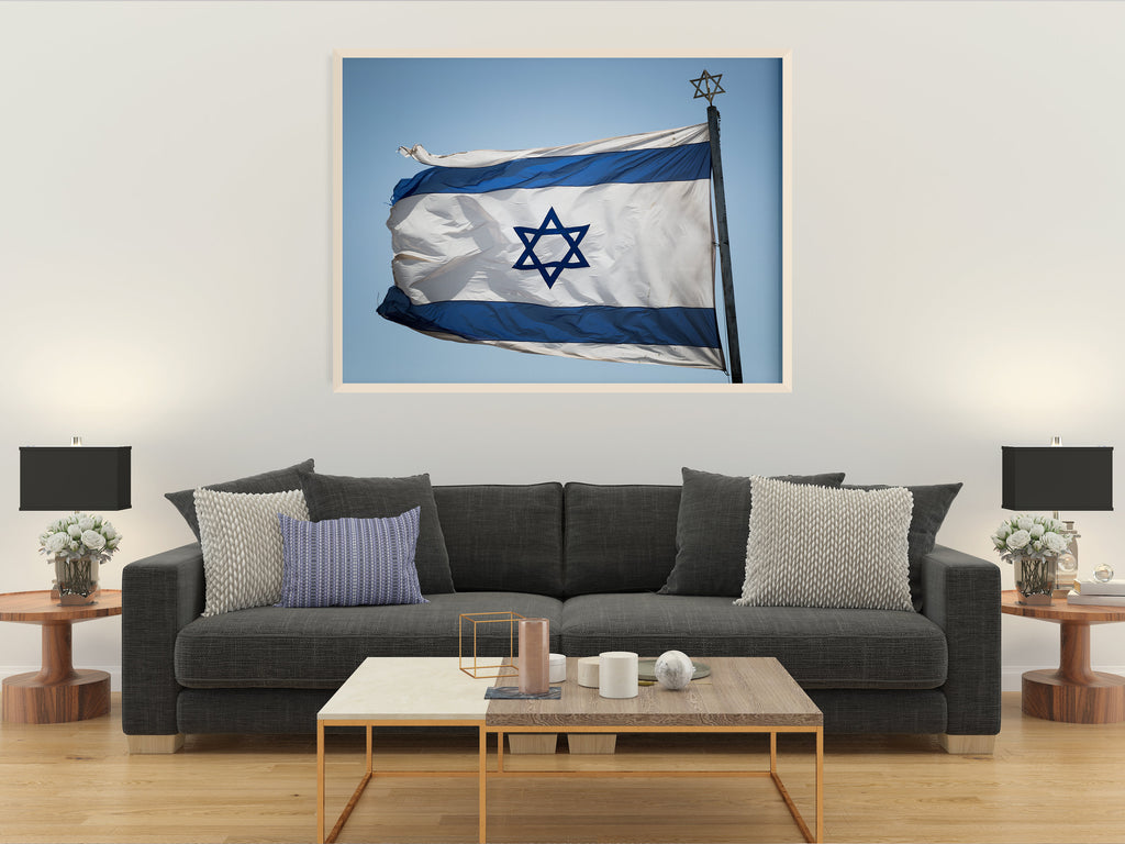 Blue & White Israeli Flag Photography — Jewish Jerusalem — Israeli Flag flapping in Wind With Iron David Star On The Top