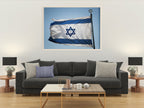 Blue & White Israeli Flag Photography — Jewish Jerusalem — Israeli Flag flapping in Wind With Iron David Star On The Top