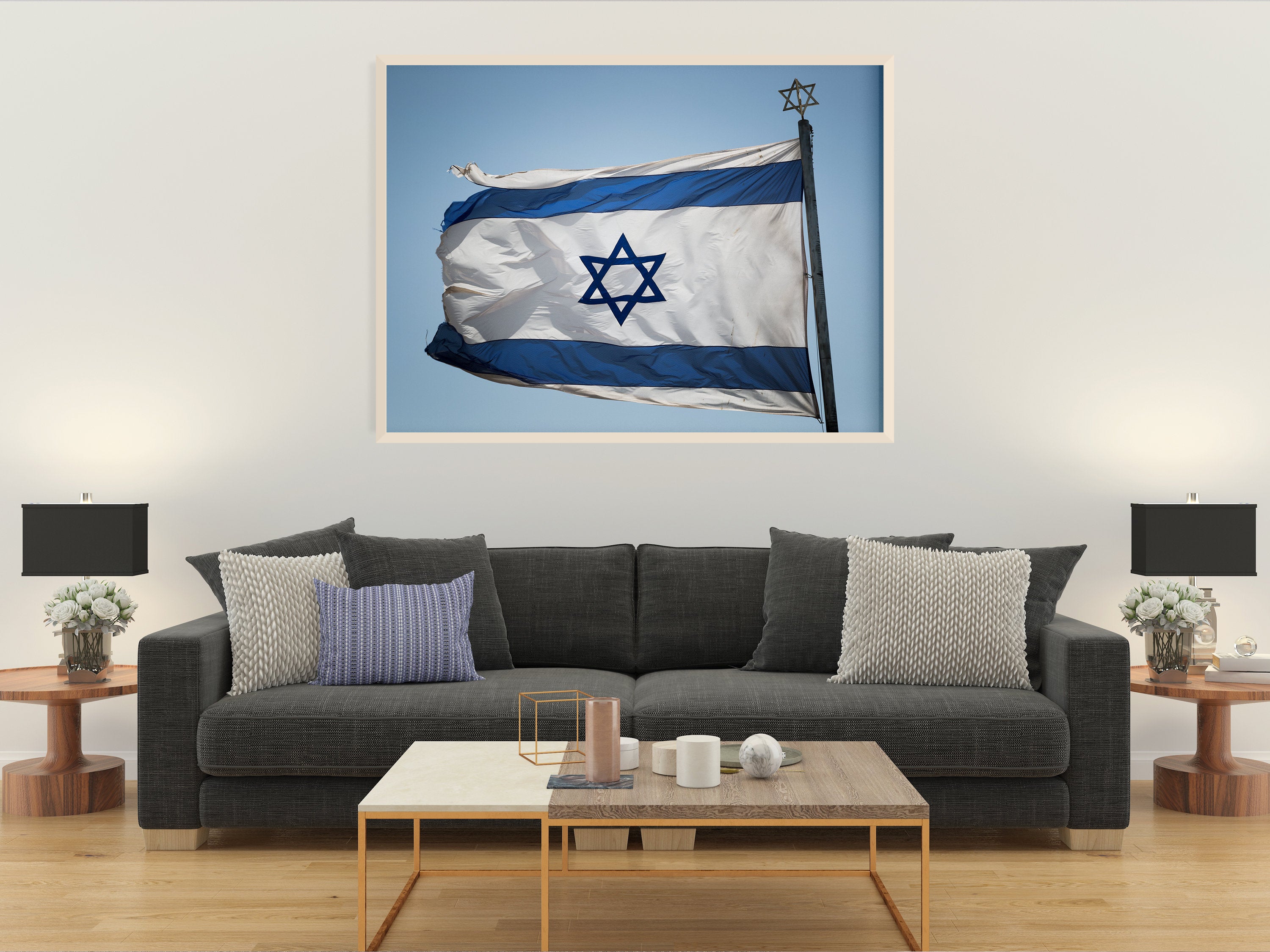 Blue & White Israeli Flag Photography — Jewish Jerusalem — Israeli Flag flapping in Wind With Iron David Star On The Top
