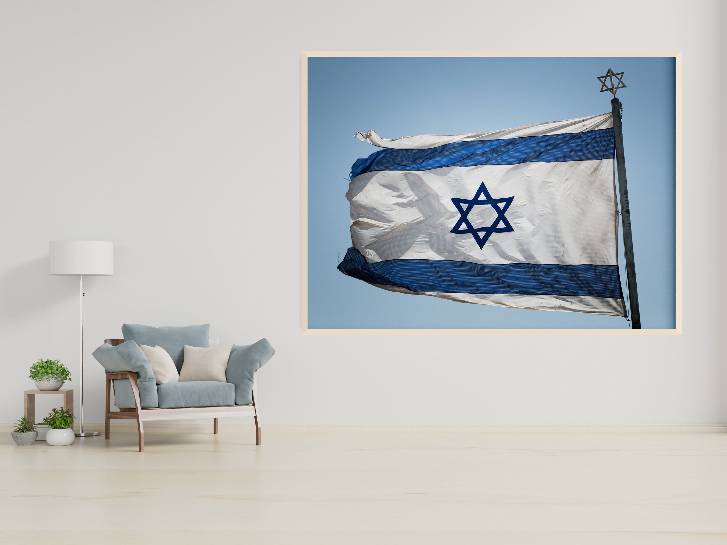 Blue & White Israeli Flag Photography — Jewish Jerusalem — Israeli Flag flapping in Wind With Iron David Star On The Top