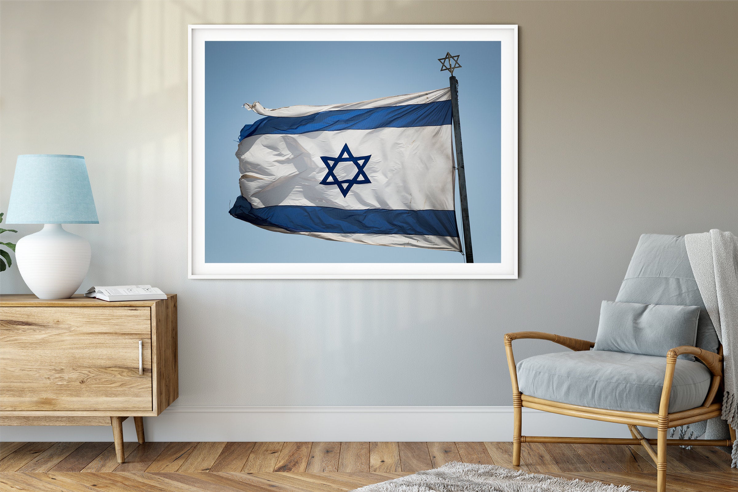 Blue & White Israeli Flag Photography — Jewish Jerusalem — Israeli Flag flapping in Wind With Iron David Star On The Top