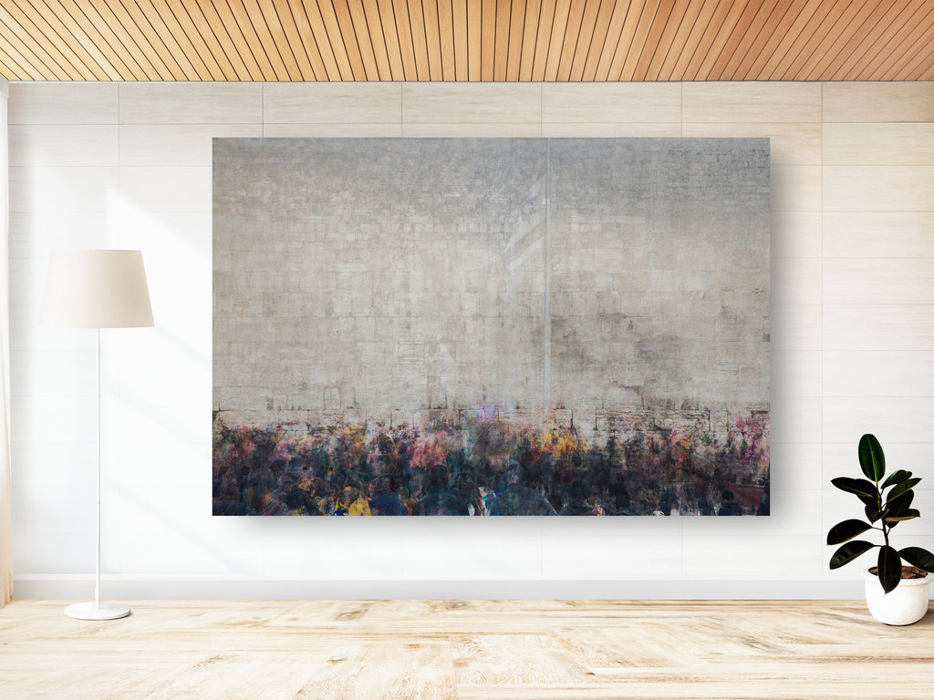 Jerusalem Kotel Western Wall Abstract Painting — Jewish Men Praying at the Kosel with Blue & White Israeli Flag