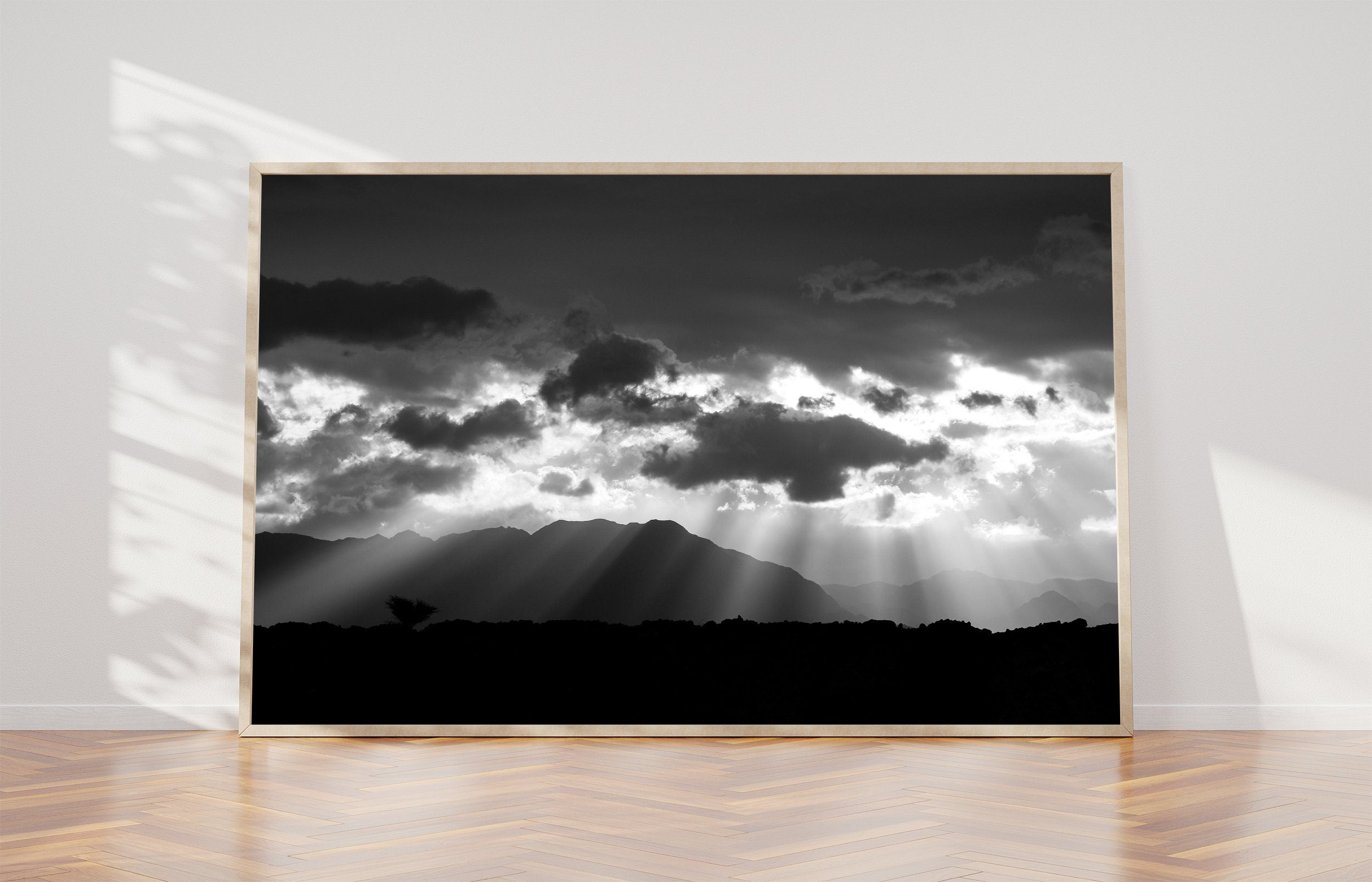 Black & White Holy Land Sky and Israeli Desert Mountains Sunrise Landscape Scenery — Sun Rays and Clouds