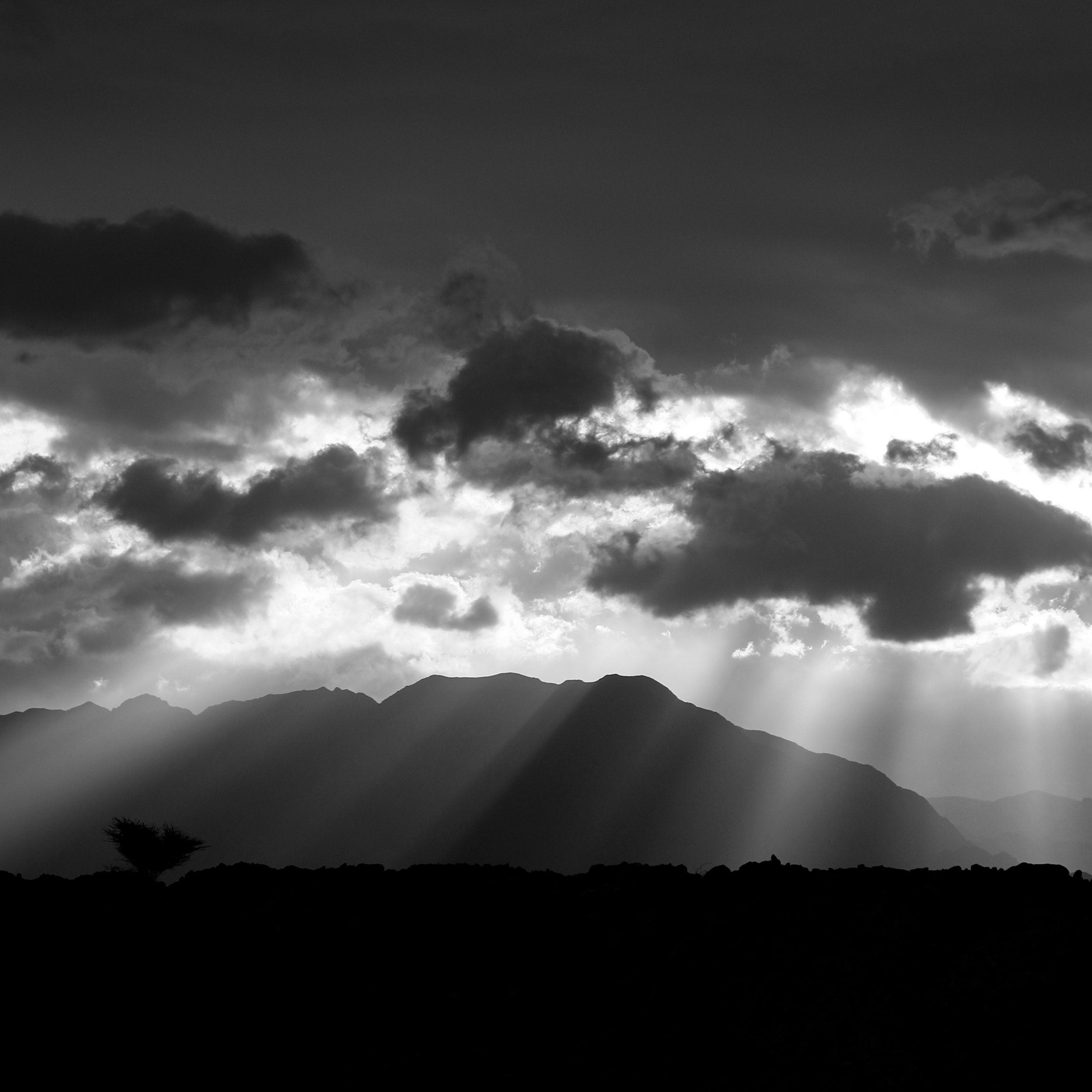 Black & White Holy Land Sky and Israeli Desert Mountains Sunrise Landscape Scenery — Sun Rays and Clouds