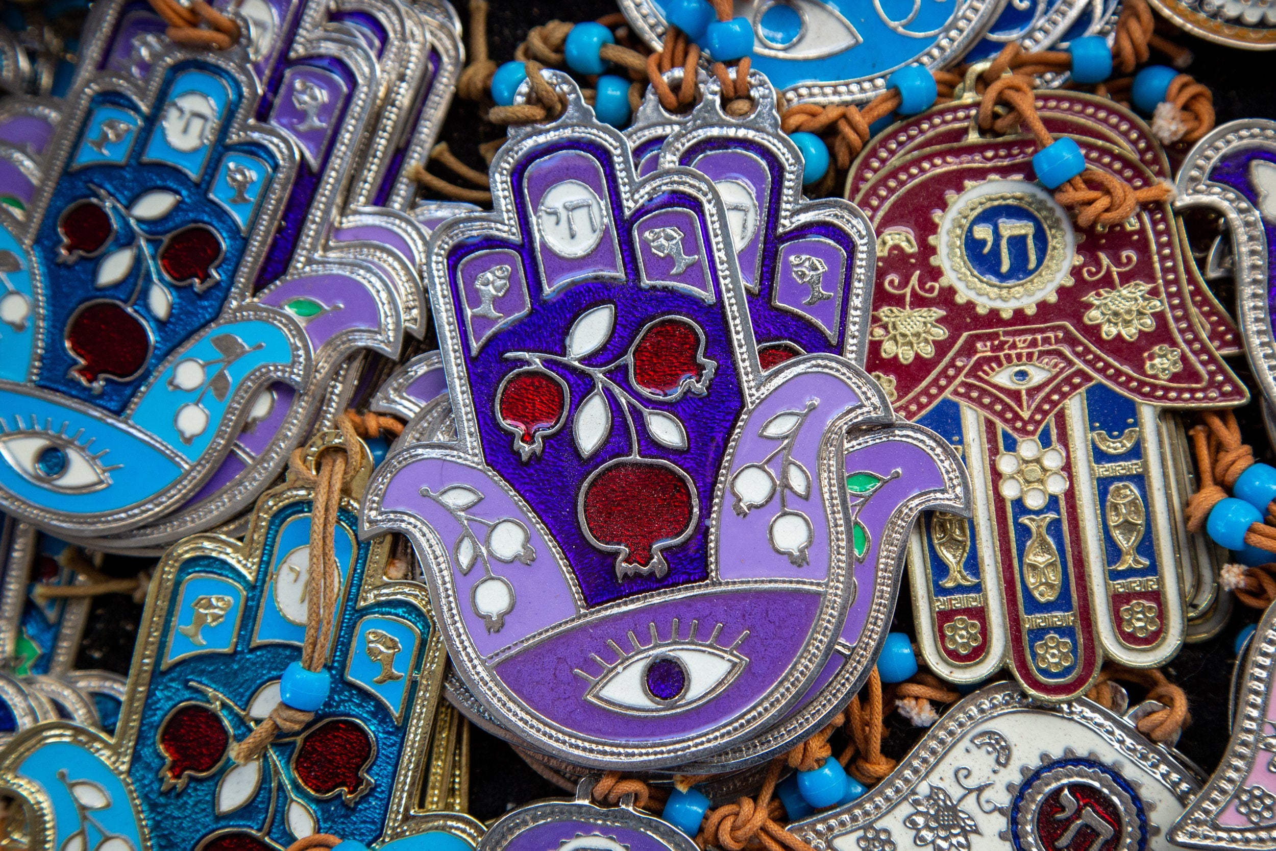 Purple Blue Red Hamsa Hands Vintage Photography with Hai and Pomegranate
