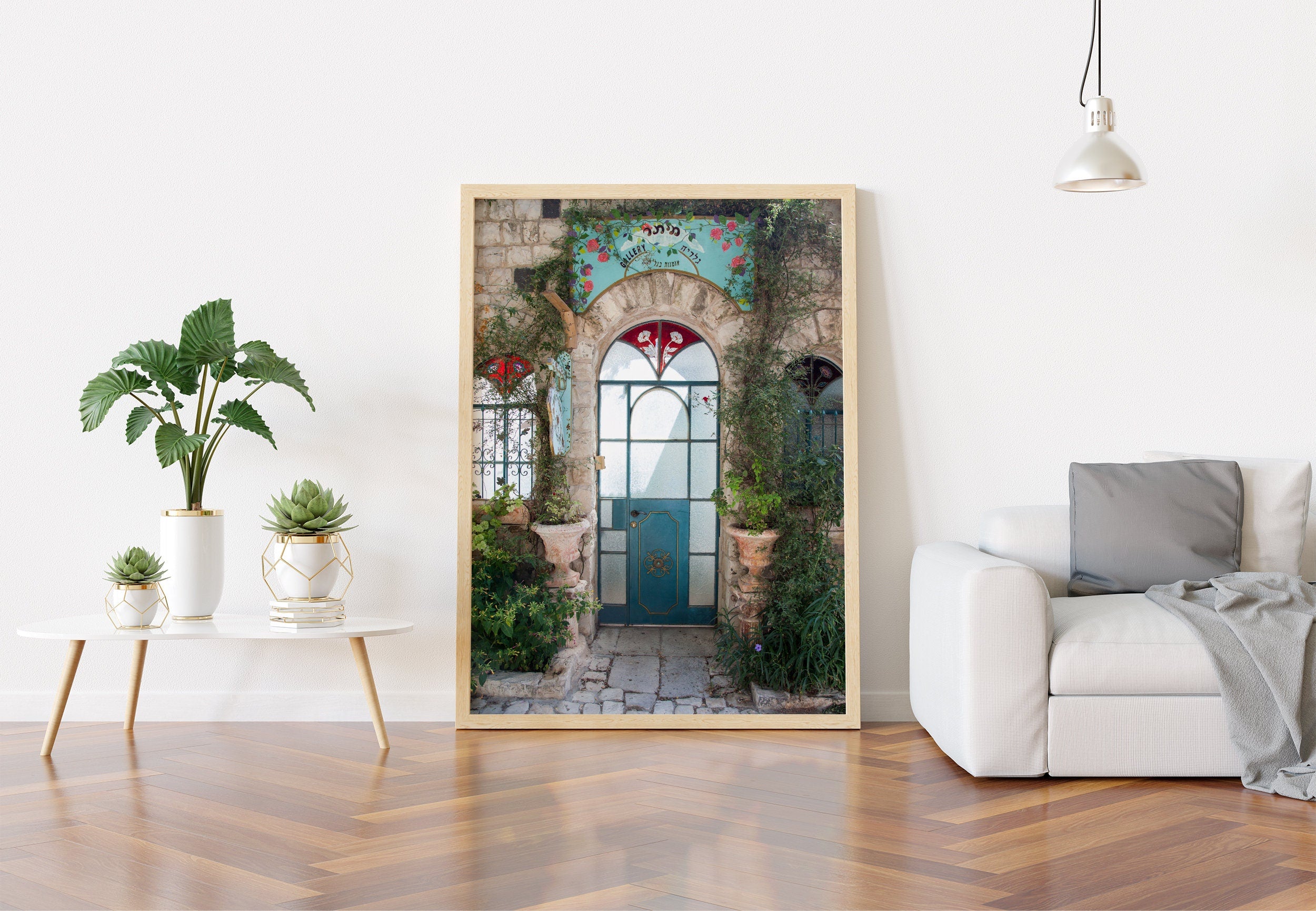 Israeli Holy Land Glazed Turquoise Vintage Door with Ivy and Windows — Rosh Pina Old City