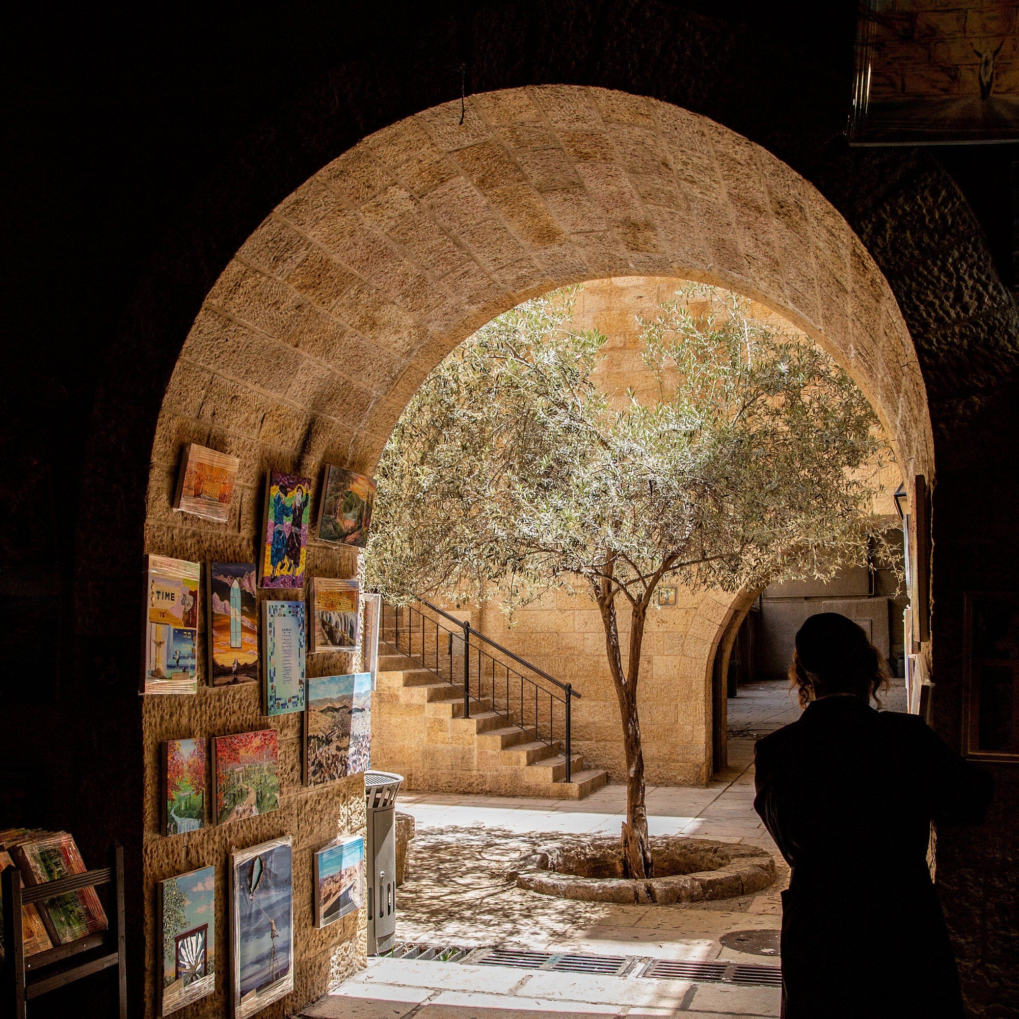 Jerusalem Old City Pedestrian Street with Olive Tree and Orthodox Men in the Jewish Quarter