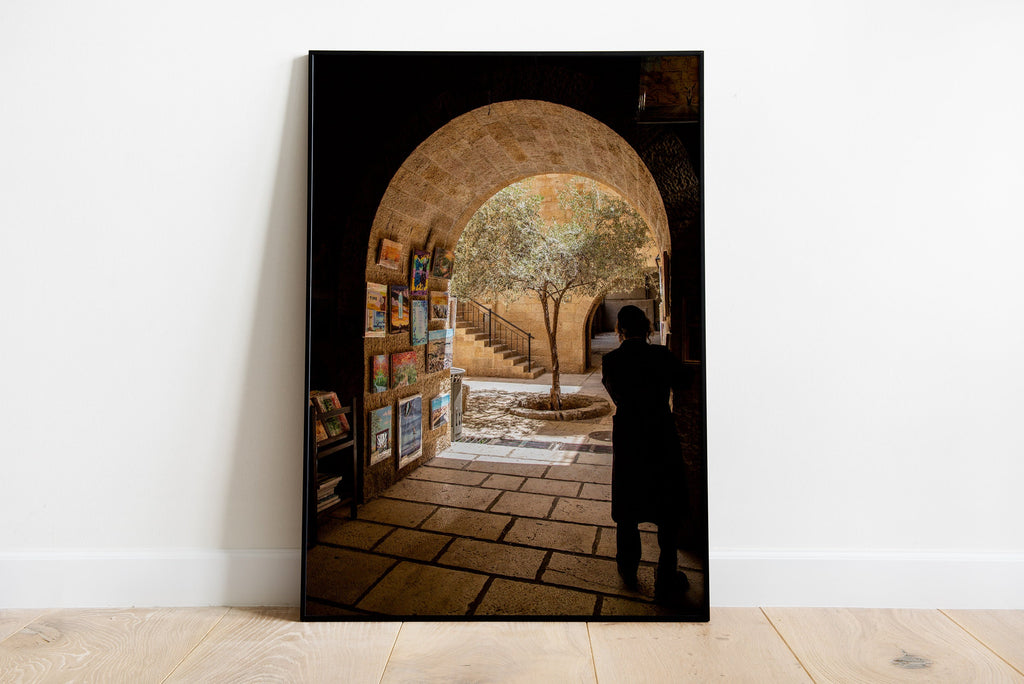 Jerusalem Old City Pedestrian Street with Olive Tree and Orthodox Men in the Jewish Quarter
