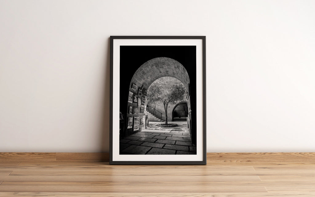 Black and White Jerusalem Old City Pedestrian Street with Olive Tree, Arch and Paintings on wall