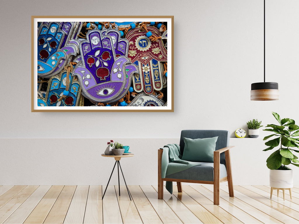 Purple Blue Red Hamsa Hands Vintage Photography with Hai and Pomegranate