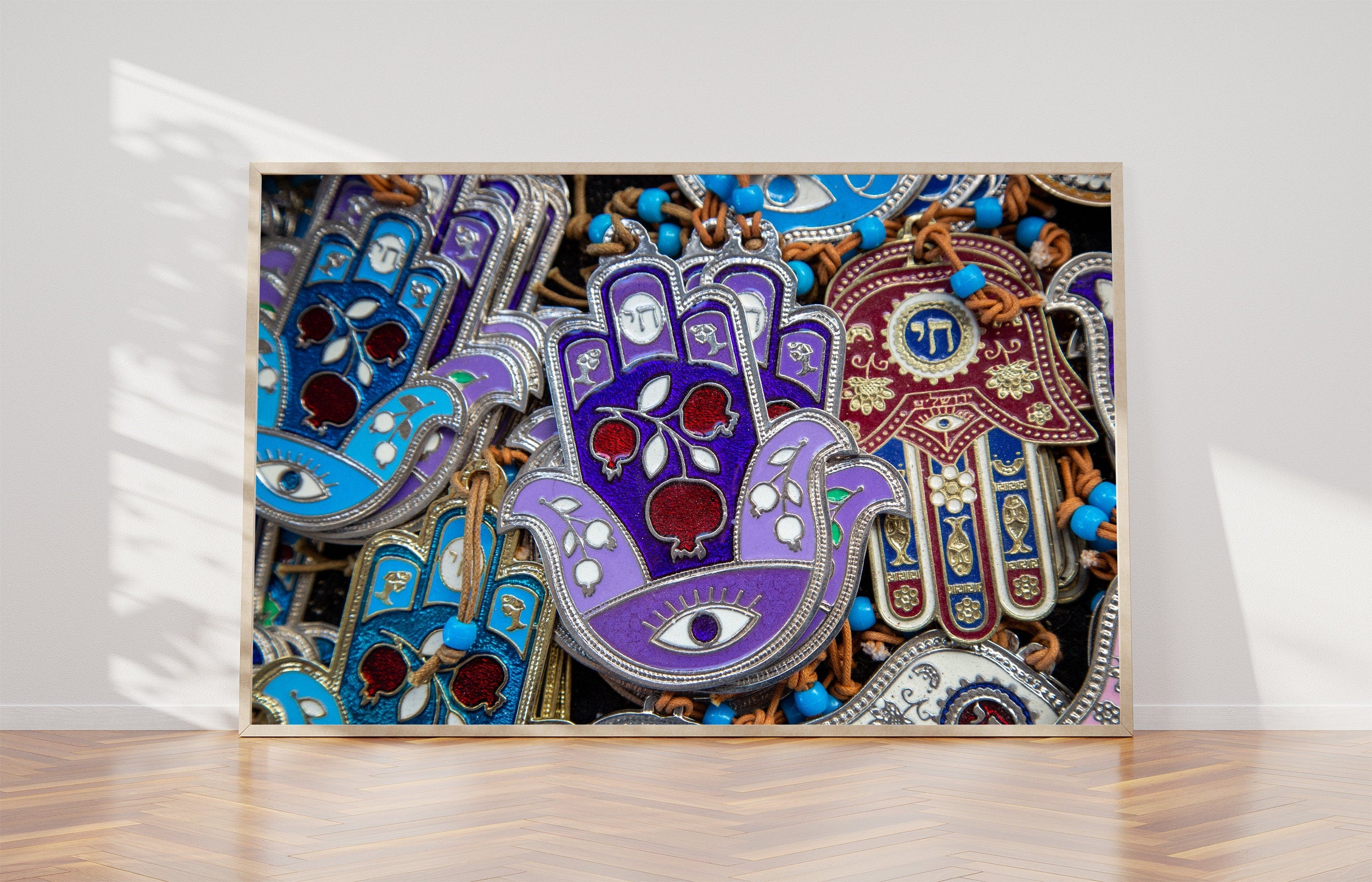Purple Blue Red Hamsa Hands Vintage Photography with Hai and Pomegranate