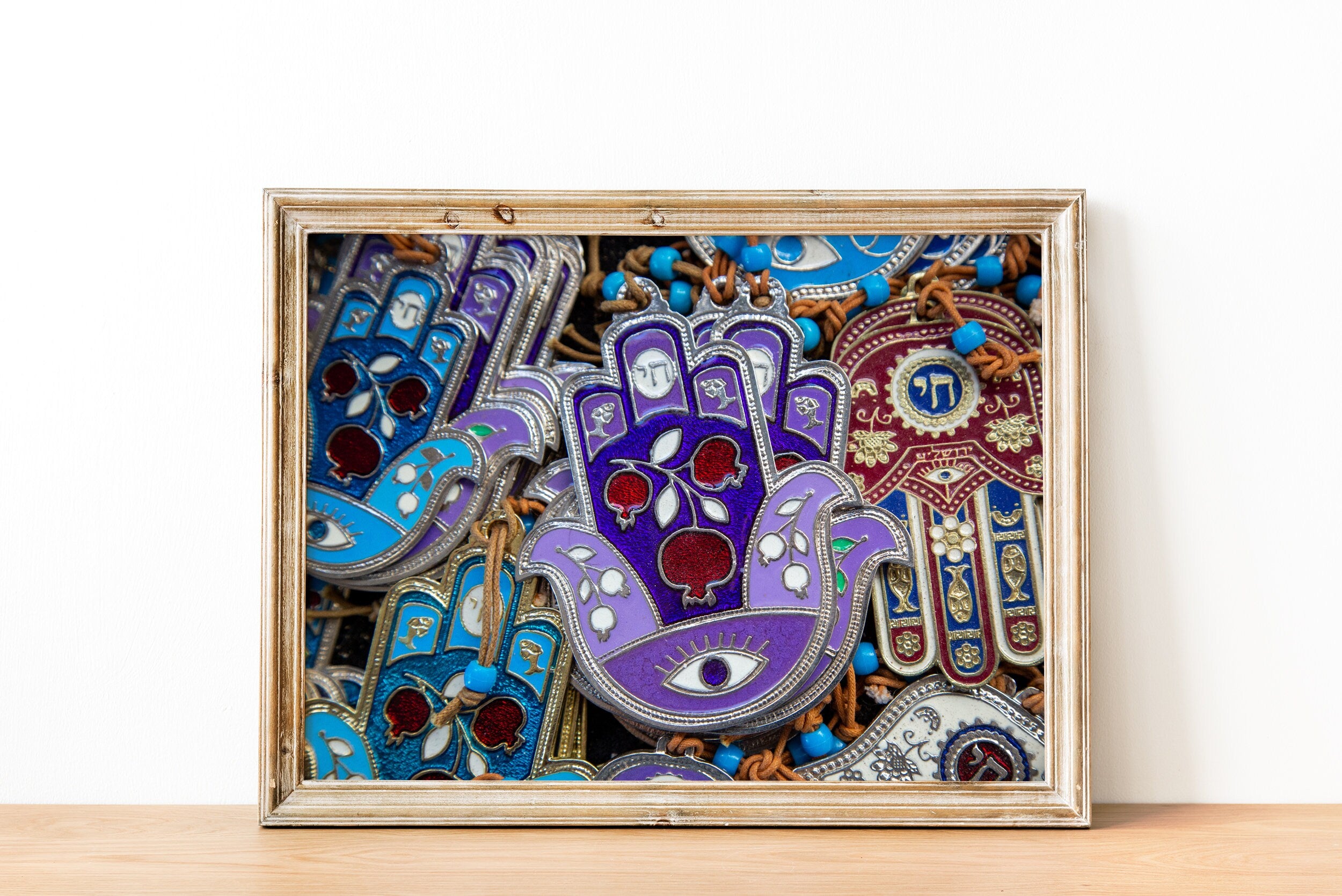 Purple Blue Red Hamsa Hands Vintage Photography with Hai and Pomegranate