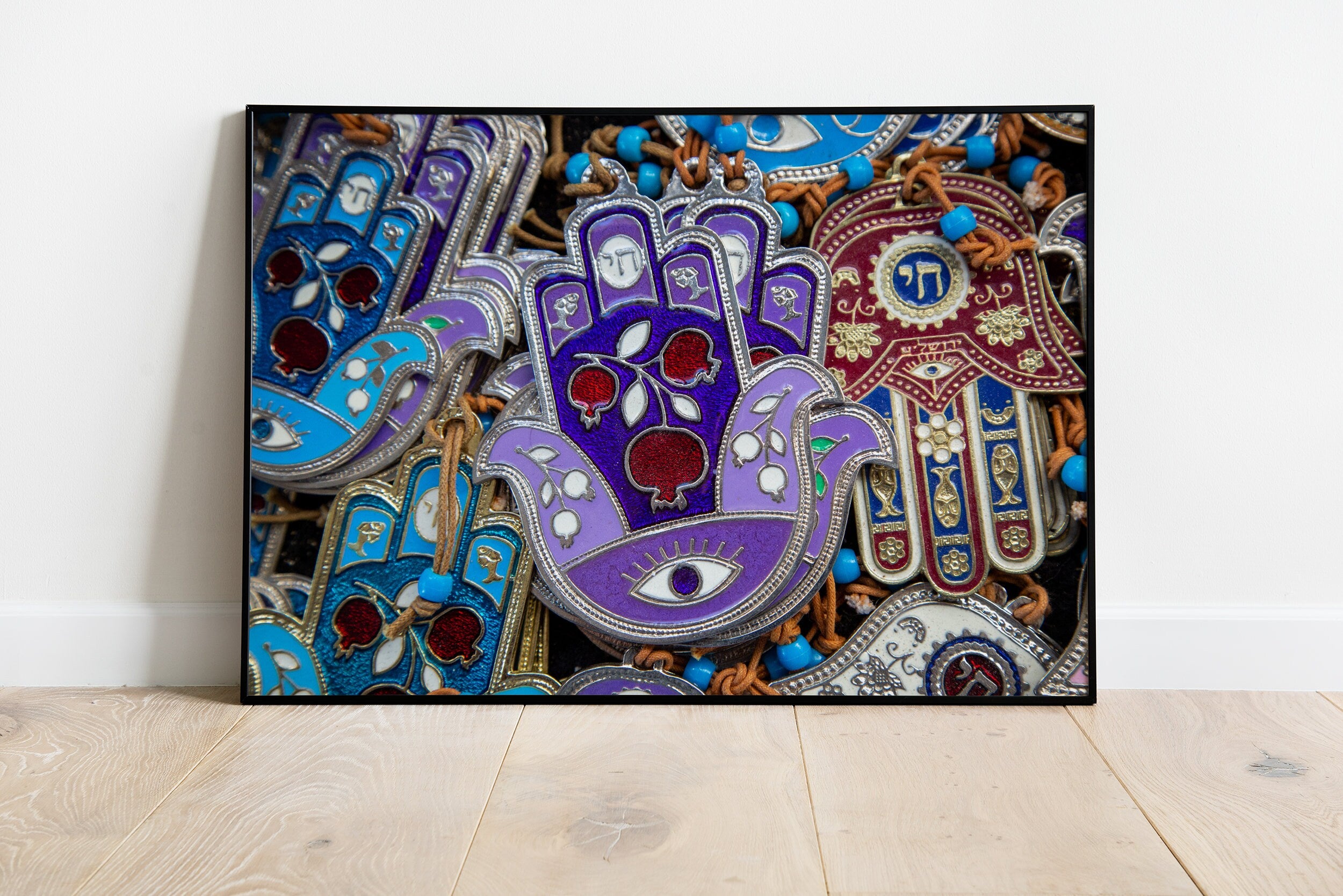 Purple Blue Red Hamsa Hands Vintage Photography with Hai and Pomegranate