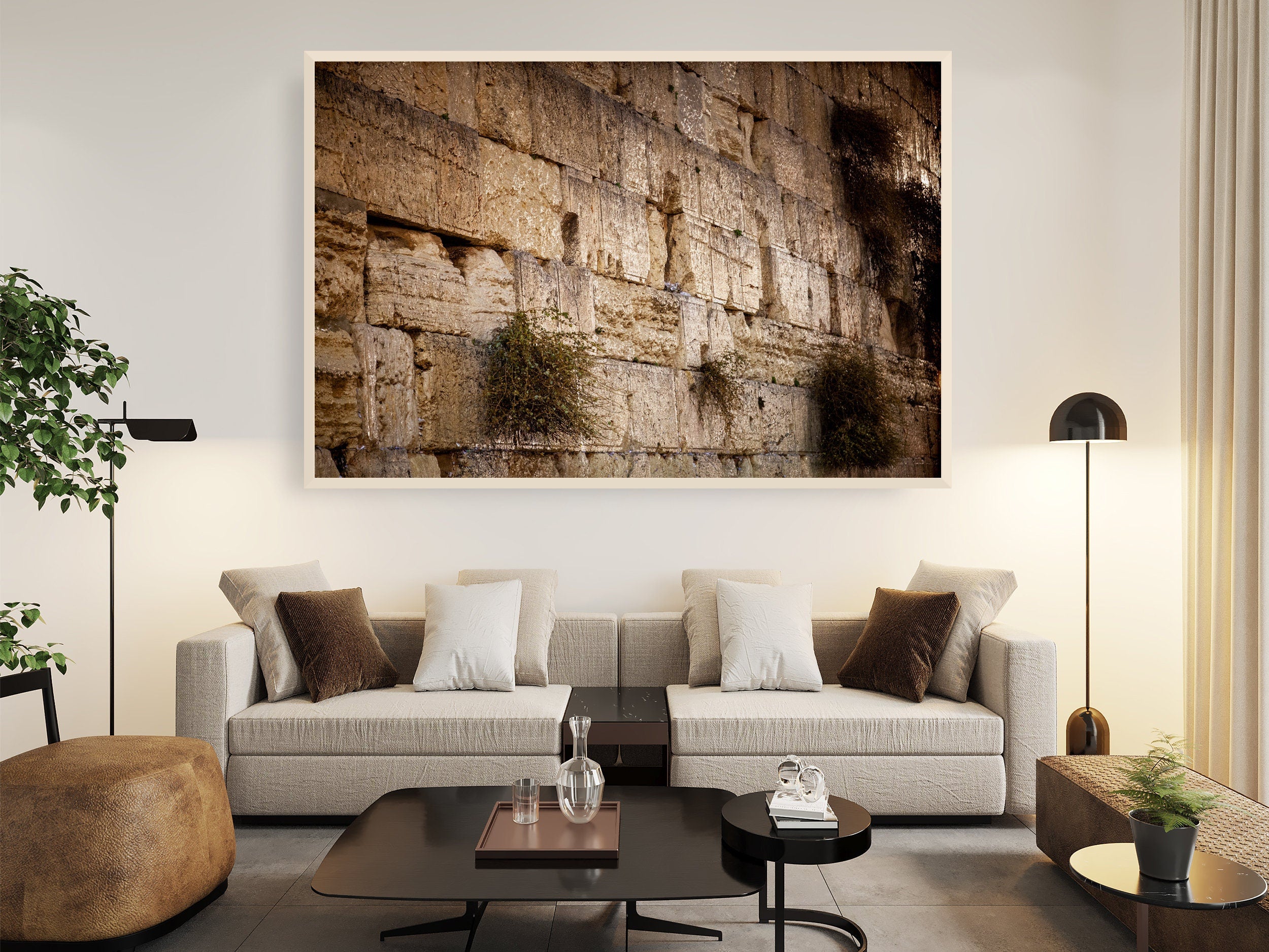 Jerusalem Gold Kotel Wall Art by Night — Vegetation on the Western Wall with Wet Stones