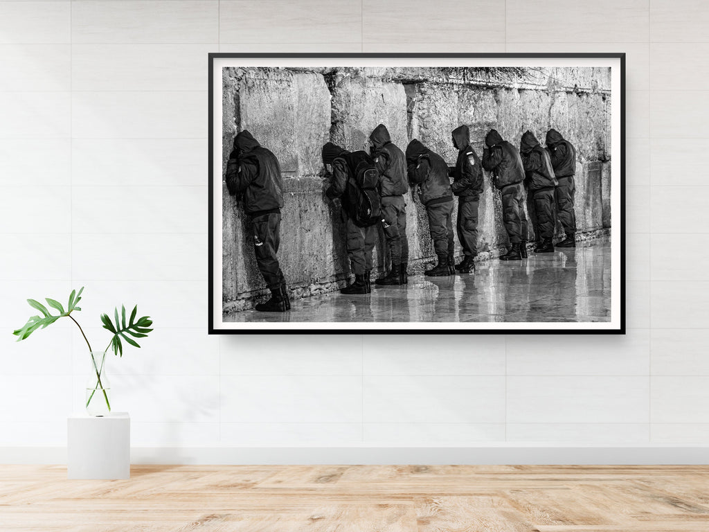 Jewish IDF Tsahal Soldiers Group Praying at the Kotel Western Wall — Black and White