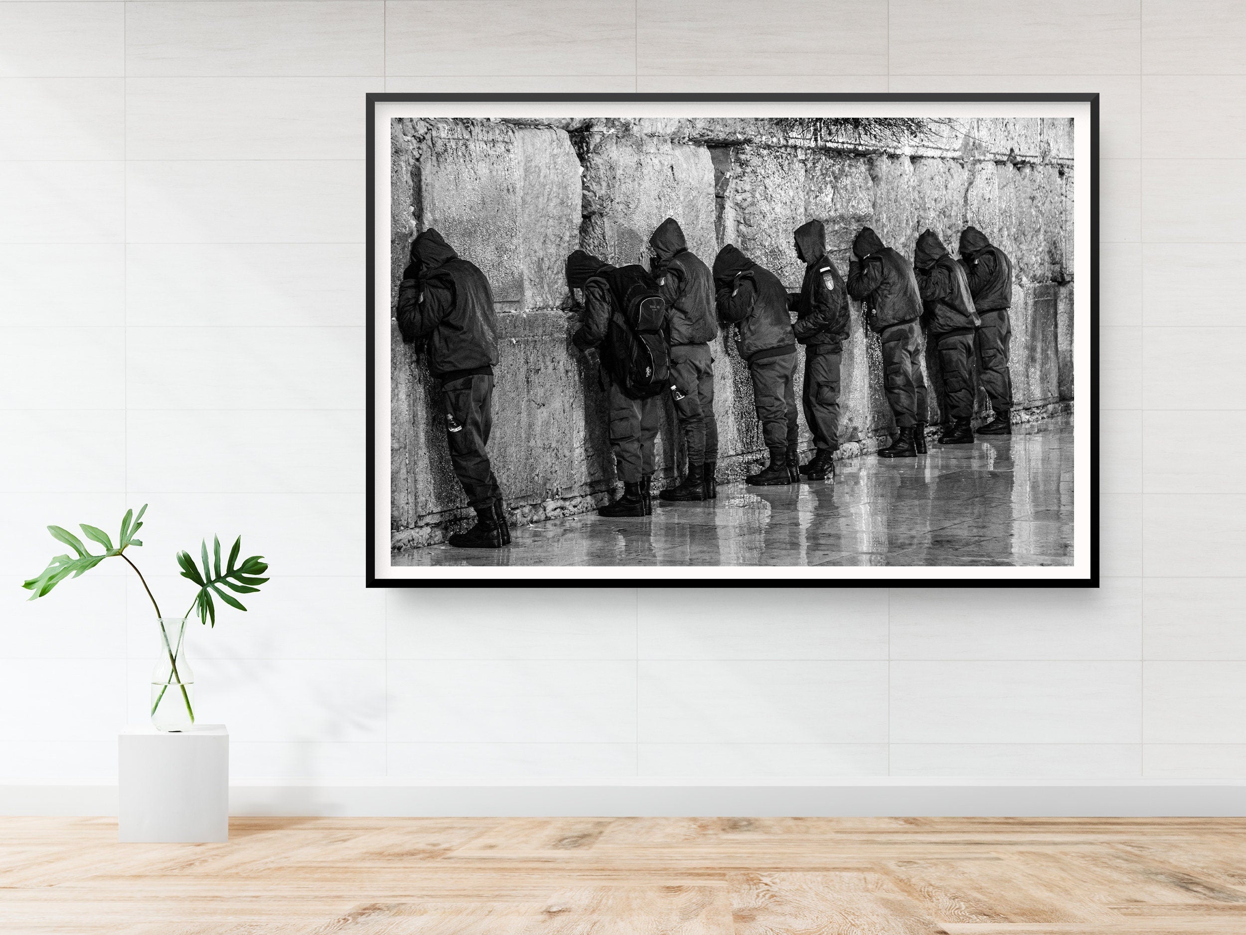 Jewish IDF Tsahal Soldiers Group Praying at the Kotel Western Wall — Black and White
