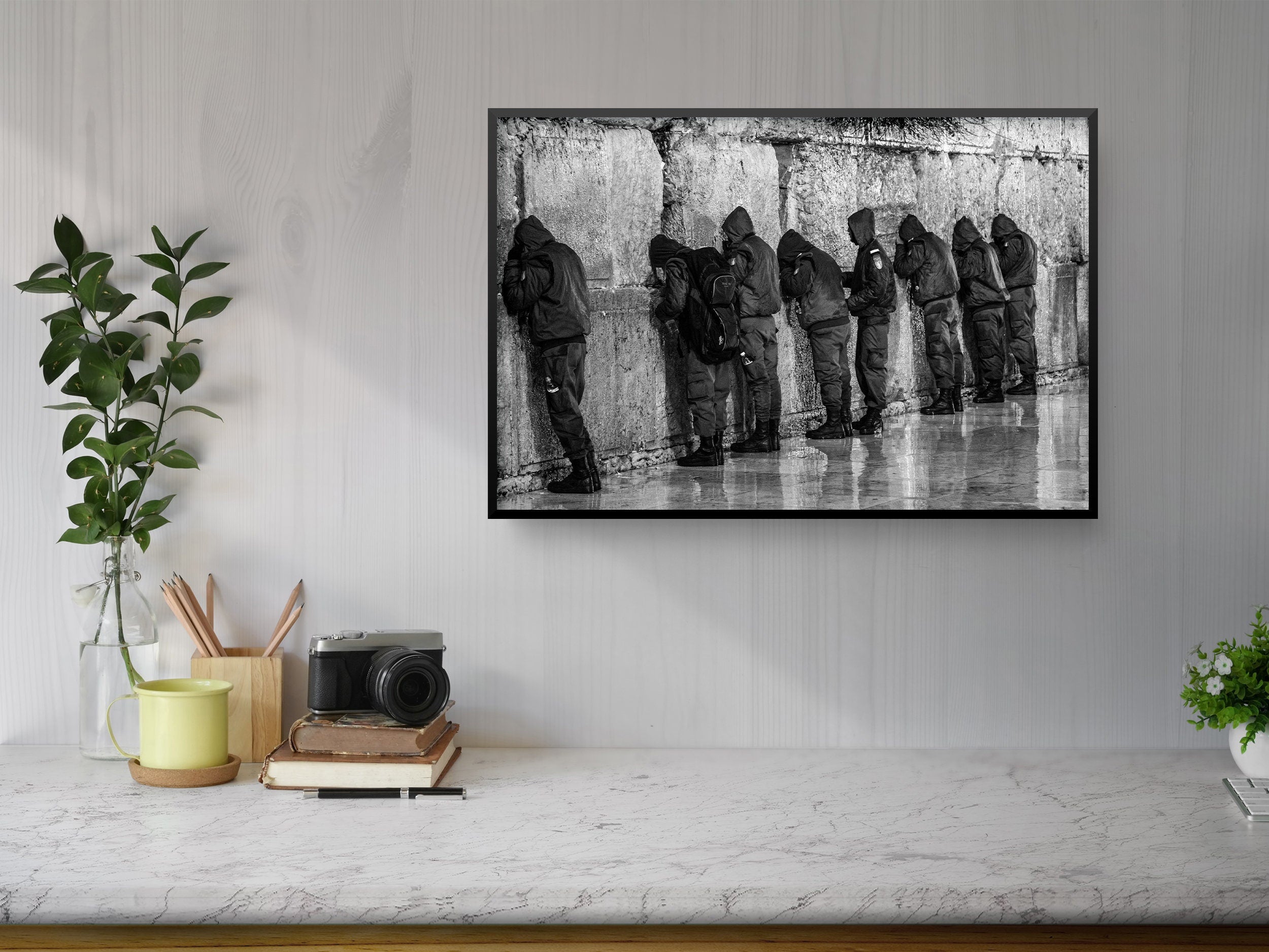 Jewish IDF Tsahal Soldiers Group Praying at the Kotel Western Wall — Black and White