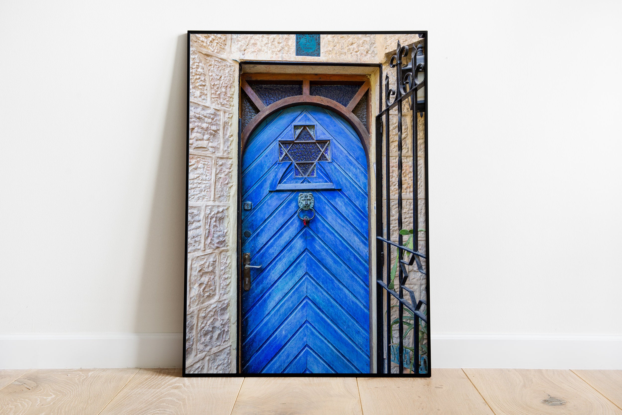 Jerusalem Wooden Blue Door with Jewish Magen David Window