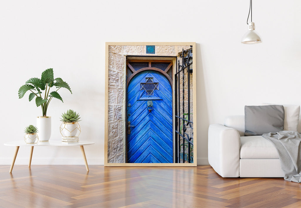 Jerusalem Wooden Blue Door with Jewish Magen David Window