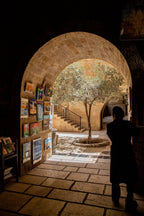 Jerusalem Old City Pedestrian Street with Olive Tree and Orthodox Men in the Jewish Quarter