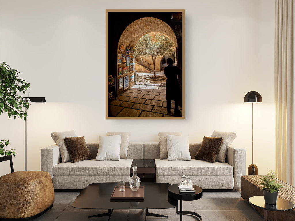 Jerusalem Old City Pedestrian Street with Olive Tree and Orthodox Men in the Jewish Quarter
