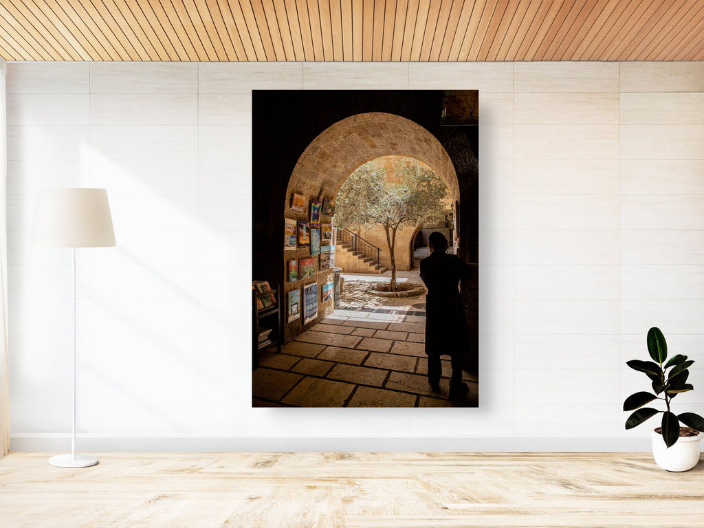 Jerusalem Old City Pedestrian Street with Olive Tree and Orthodox Men in the Jewish Quarter