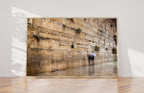 Two Prayers Alone with Umbrella at the Gold Kotel Wall Art by Night and during the Rain — Jerusalem Western Wall