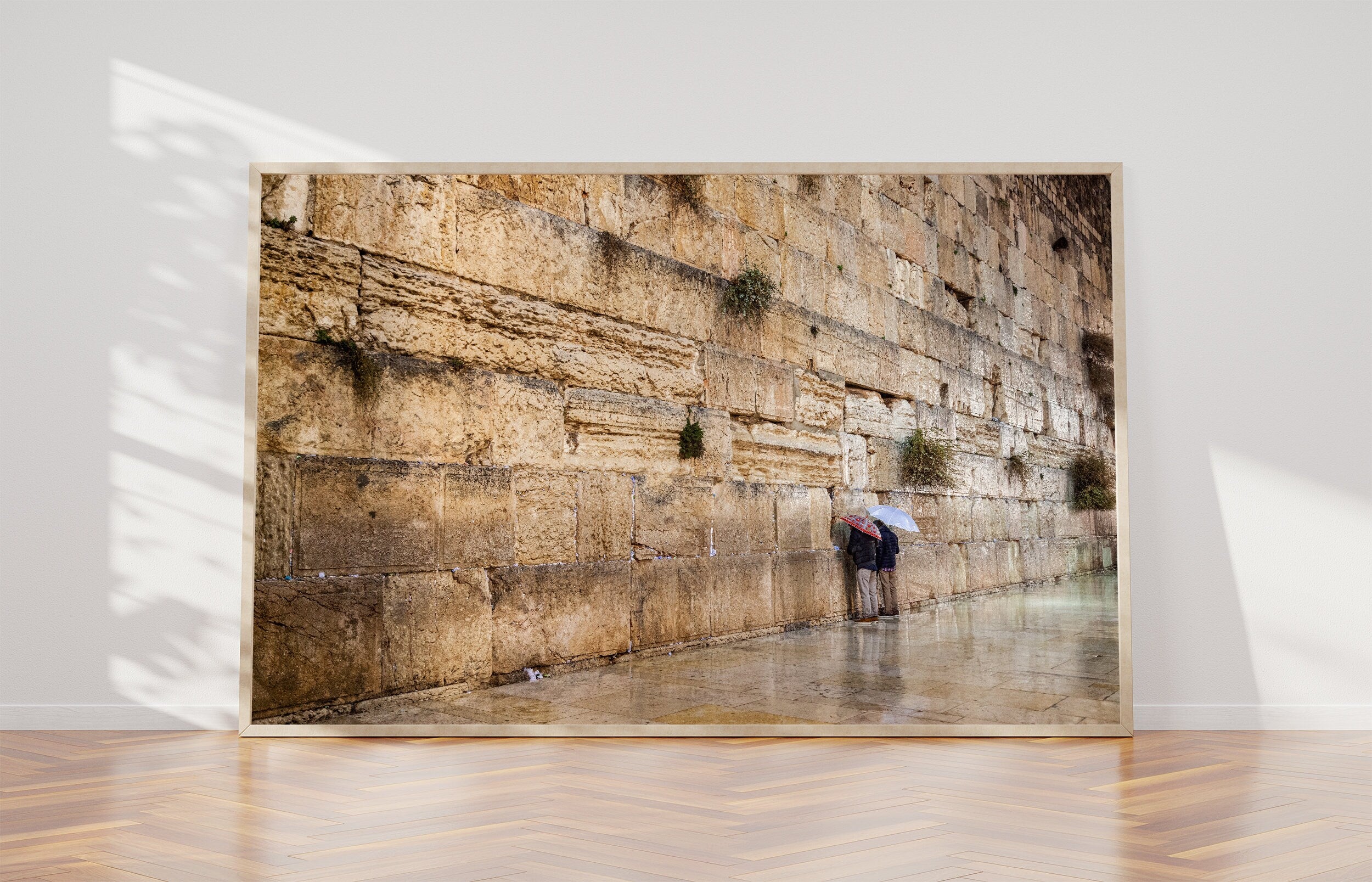 Two Prayers Alone with Umbrella at the Gold Kotel Wall Art by Night and during the Rain — Jerusalem Western Wall