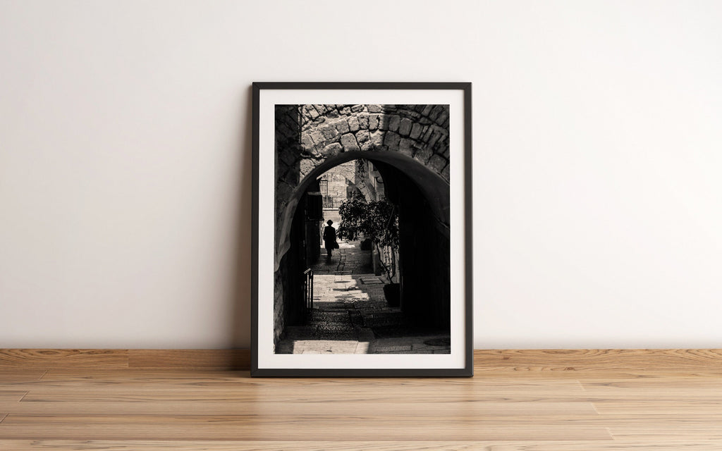 Black and White Jerusalem Old City Pedestrian Street with Jewish Orthodox walking to the Kotel