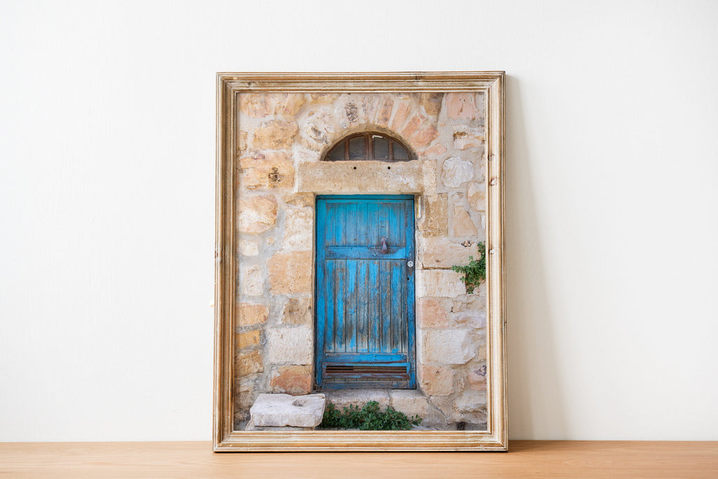 Jerusalem Turquoise Wooden Door with Stones and Red Hand — Travel Vintage Blue Door