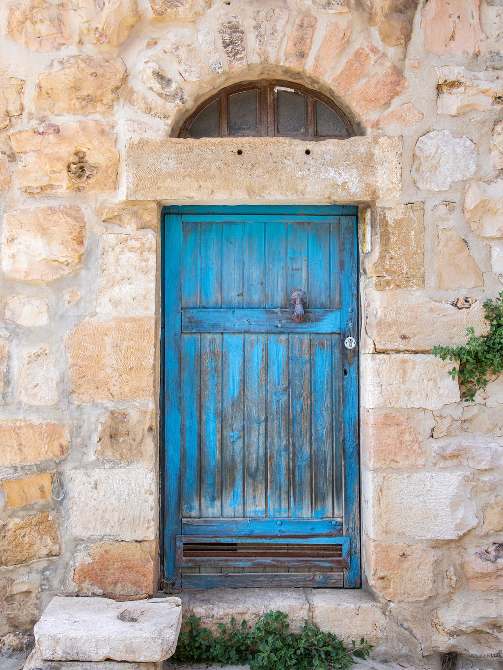 Jerusalem Turquoise Wooden Door with Stones and Red Hand — Travel Vintage Blue Door