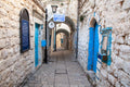 Safed Tzfat Old City Pedestrian Street with Blue Doors Jerusalem Stones — Photography