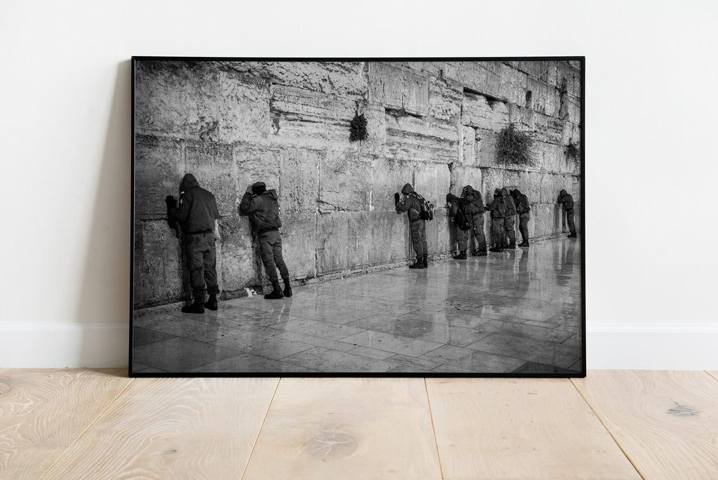 Jewish IDF Tsahal Soldiers Praying at the Kotel Western Wall — Black and White